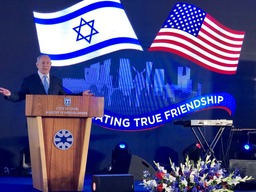 Ostrov_A's tweet photo. There he is, @IsraeliPM at @IsraelMFA, about to speak before this historic occasion!
#Jerusalem
#JerusalemEmbassy
#USIsraelPartnership https://t.co/rL5nzKJTVu