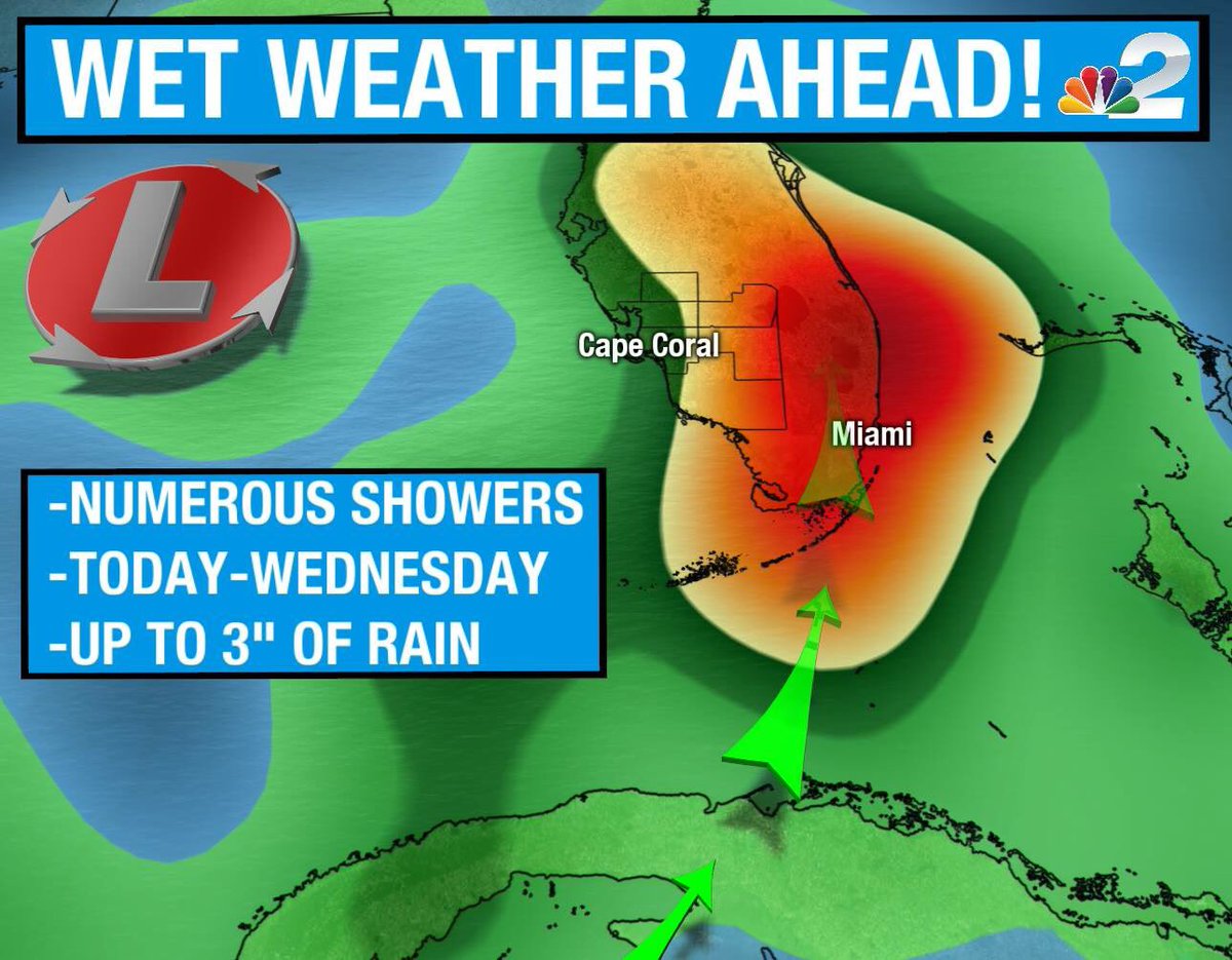 JasonDunning's tweet photo. A rather wet week ahead for SWFL! Up to 3” of rain will be possible for some from today through Wednesday as tropical moisture returns!  Hello rainy season! https://t.co/px9artfOMC