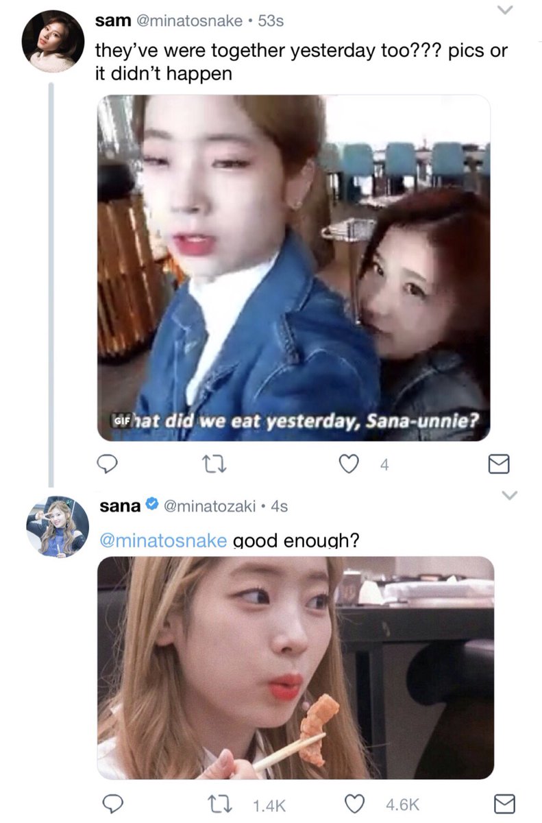 “Thank you,” Sana said with a genuine smile. “I would understand if you’re uncomfortable with the attention, I can leave you alone-““Don’t worry, I don’t mind. I like being around you.”“I like being around you too,” Sana whispered out. “Recommend me some good food from here?”