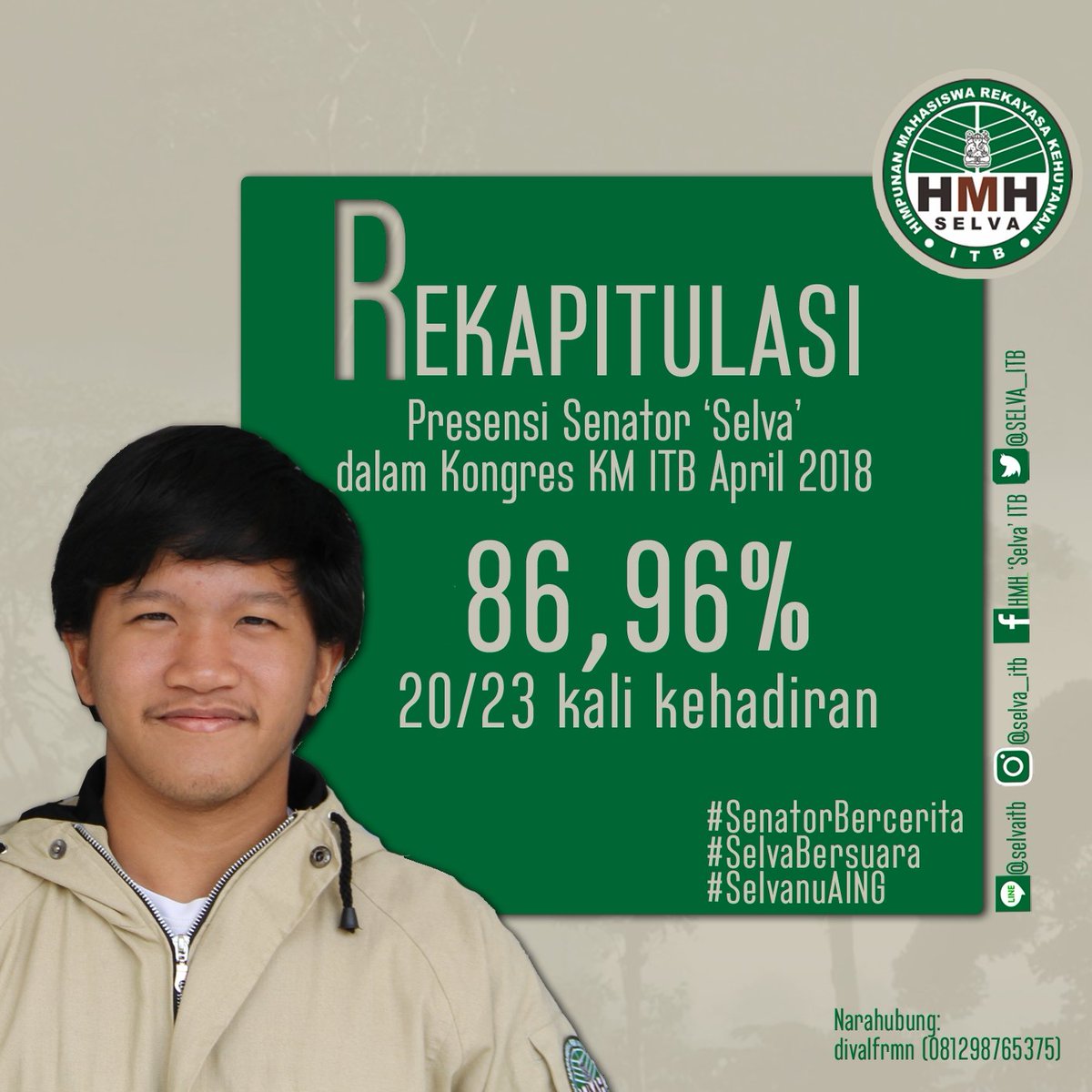 [CERITA SENATOR]

Senator Bercerita!
April 2018,
Senator 'Selva' telah hadir pada Agenda Kongres KM ITB sebanyak 20 dari 23 agenda (86,96%)

Perjalanan Masih Panjang
Semangat menjalani agenda Kongres setahun kedepan!

#SenatorBercerita
#SelvaBersuara