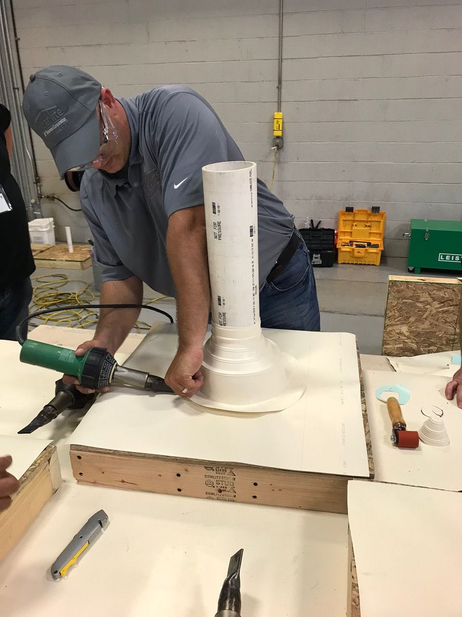 PlytechLtd's tweet photo. On our recent visit to the FiberTite factory we were shown some of the best practices for welding FiberTite accessories such as the preformed pipe boot detail. Training was carried out by the tech gurus Gary Pelton and Josh Baus!
#Plytech #rubberroof #flatroofing #roofing #roof https://t.co/etjmWyHoTF