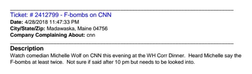 MuckRock's tweet photo. The #FCC has released 13 pages of complaints received regarding the 2018 #WhiteHouseCorrespondentsDinner, focused mainly on comedian Michelle Wolf’s uncensored comments https://t.co/pJ4ZQODawv #WHCD2018 https://t.co/iO8ukp37OS
