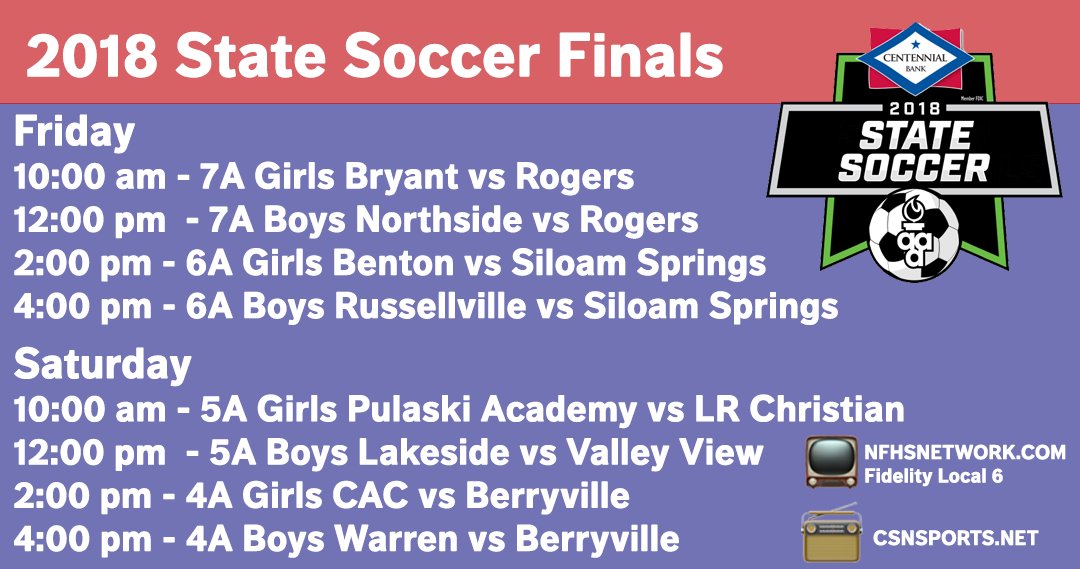 ArkActAssn's tweet photo. 2018 @MY100BANK Soccer Finals Schedule!! https://t.co/UgZpNYAxqX