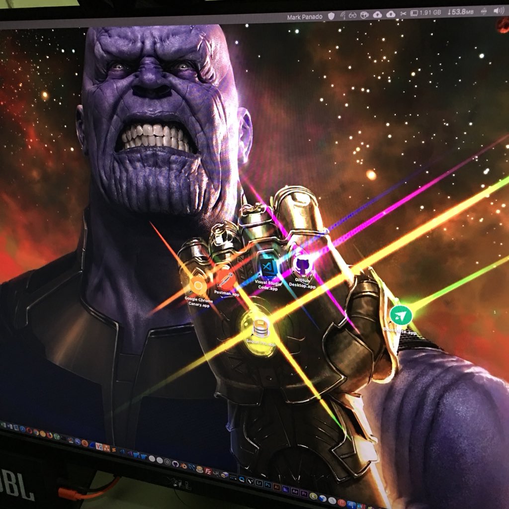 markpanado's tweet photo. Sharing my new wallpaper. The Developer’s Gauntlet! 🧤💻
#ChromeCanary #Postman #VSCode #GitHub #Boostnote #SequelPro #InfinityWar #Thanos https://t.co/VkCzx3TRbk