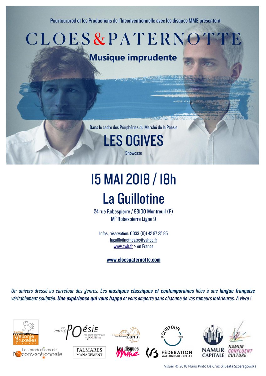 CloesPaternotte's tweet photo. c'est à Montreuil cette semaine:
une performance de Ph Cloes avec Lila Lenoir, autour du répertoire d'Alain Bashung. c'est ce 14 à 20h à l'Ôgib et un showcase avec Cloes &amp; Paternotte à la Guillotine. Belle journée à tous! https://t.co/UqfosO7W8P