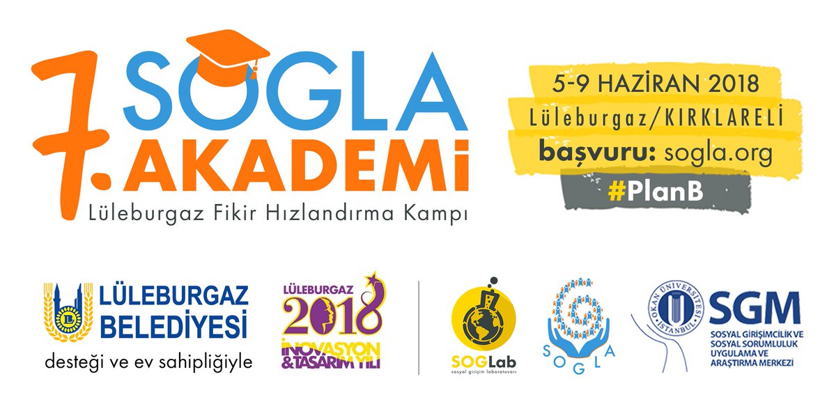 "Türkiye'nin en kapsamlı sosyal girişimcilik odaklı eğitim programı" <a href="/SOGLAkademi/">SOGLA</a>, <a href="/luleburgaz_bld/">Lüleburgaz Belediyesi</a> desteği ve ev sahipliğinde <a href="/SOGLabCO/">ＳＯＧＬＡＢ</a>  ve <a href="/O_SosyalGirisim/">Okan Üniversitesi Sosyal Girişimcilik Merkezi</a> paydaşlığıyla yedinci kez hayata geçiyor. Son Başvuru: 21 Mayıs goo.gl/J62zFr #PlanB #SOGLACan18
