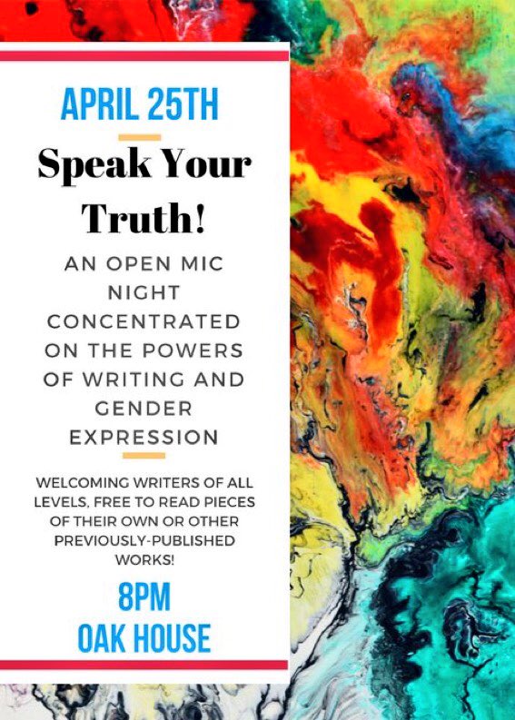 ElonIndia's tweet photo. The #WGS300 #SpeakYourTruth research/activism group staged a feminist open mic night @ElonOakHouse where >a dozen students shared work โ the #annotatedbibliography for their work is really rich. @BCoppla @talliecon @upton_liza @FortiMadi #CCiFeminism @anya_fredsell https://t.co/SHPaCEfYSg