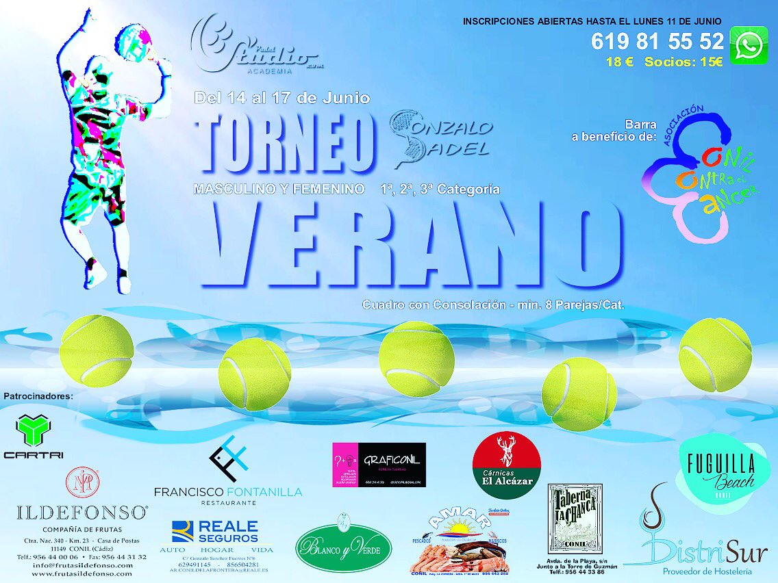 padelstudio's tweet photo. TORNEO A LA VISTA!! RESERVA TU PLAZA YA!! #padel #conil #padelstudio #gonzalopadel #2018 #cartri #congeladosamar #distrisur #realeseguros #fuguillabeach #tabernalachanca #graficonil #frutasildefonso #carnicasalcazar #restauranteblancoyverde #restaurantefranciscolafontanilla https://t.co/sjS2F8KLdq