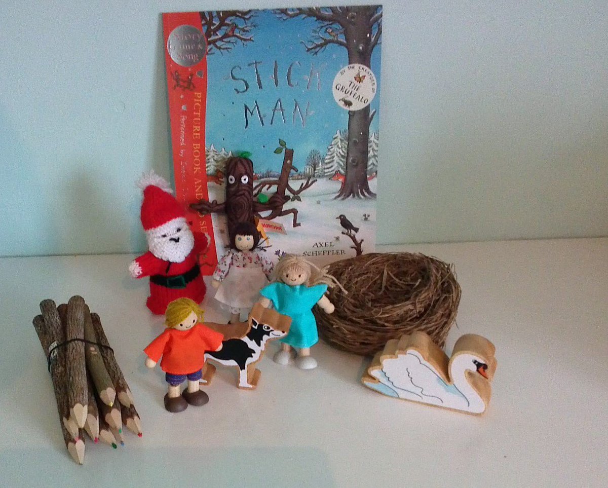 Stickman by Julia Donaldson. 
Another repetitive, rhyming text that children delight in joining in. This book is made to be read outdoors and there are some delightful activity cards by the Woodland Trust included. This box is great for exploring emotions and feelings.