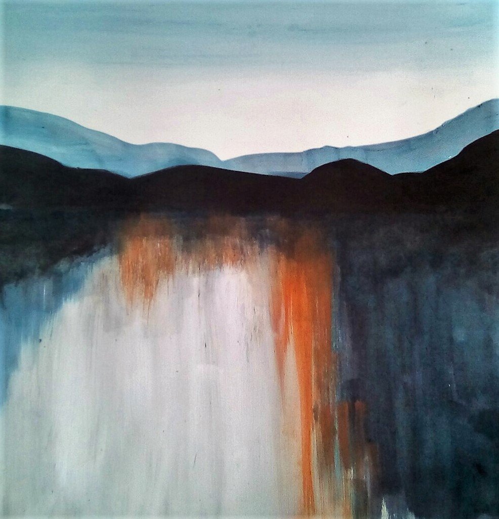 Hills I - mixed media on paper #art #painting #landscapepainting #mountains #hills #interiordesign #decor #interiors #architects #wallart #modernart #watercolours #ink #black #blue #white #orange #artbuyers #new #forsale #artcollectors #galleries #artconsultants #moody #evocative