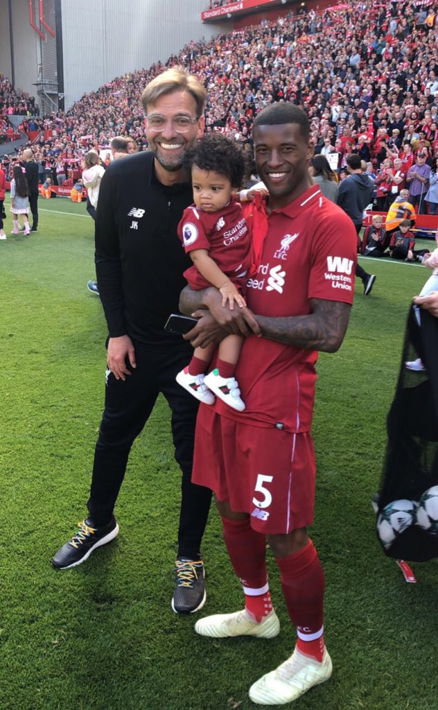 GWijnaldum's tweet photo. Feels good to finish the season with a win and remaing unbeaten at home in front of the faithful fans. Mo, congratulations on writing history brother! I feel honoured to have witnessed it as your teammate. 
Thanks for all the support over the season, CL Finale awaits 🔴 #YNWA https://t.co/sMlOt0S8Cr