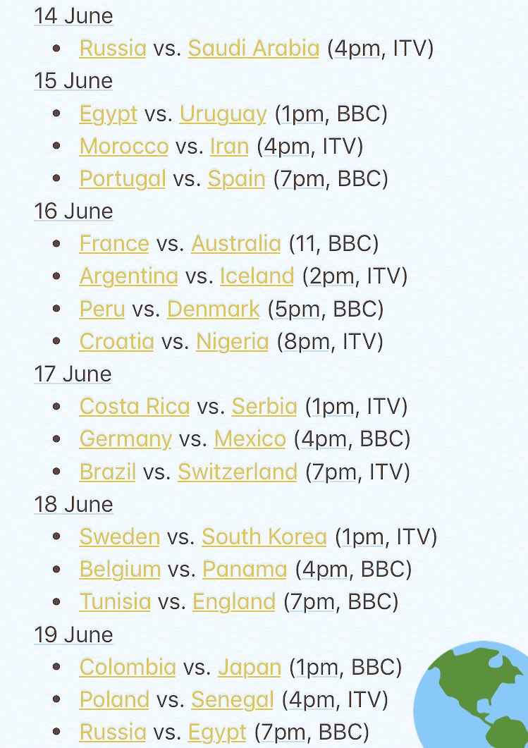 FootballRemind's tweet photo. A REMINDER:

This is the single most important #WorldCup2018 tweet you’ll need.

All the groups, all the fixtures, all the TV stations and all the times.

RT and PIN - the World Cup kick off is just around the corner 👏👏👏 https://t.co/qv9dSBZ0SM