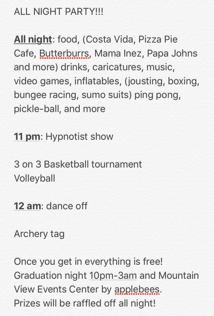 hhs_Seniors2018's tweet photo. Read below for details on the Senior all night party🎉 Wednesday is the last day to buy tickets for $40, Thursday the price will raise to $50 https://t.co/u6sgdfUaEo