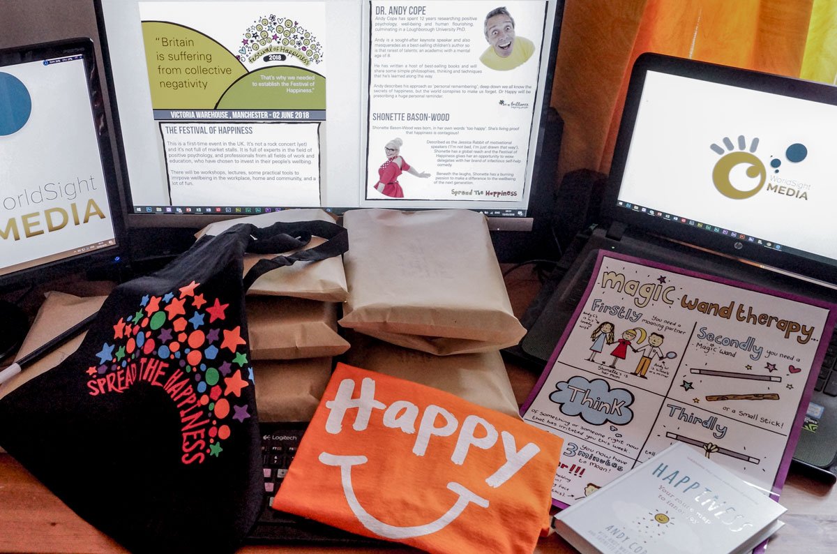 WorldsightMedia's tweet photo. Press Packs ready to go out for the #Festival of #Happiness in #Manchester. If you see a journalist walking around with a magic wand and a #Happy t-shirt ... @ShonetteBason @beingbrilliant Still a few places left if you book now https://t.co/4geK8q2yQK https://t.co/giG47il6En