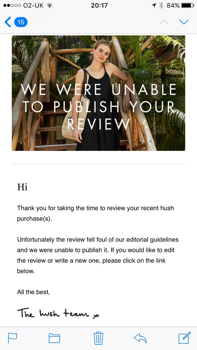 clcanderson's tweet photo. @hushhomewear because I had the audacity to complain...you didn't return my email, you won't publish my review. Great customer service! https://t.co/fQuqfAj9m4