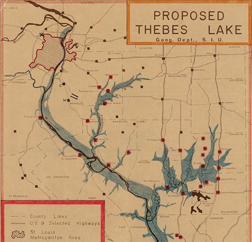 SIUAlumni's tweet photo. This from #SIU's #MorrisLibrary: Ever wonder where the proposed Thebes Lake was to be located? or where flood prone areas in #SouthernIllinois are now? Find out via Morris Library's digital map collection, now available online: https://t.co/DK4O8pL24C #cartography #sciencesunday https://t.co/0c5lSKbUHe