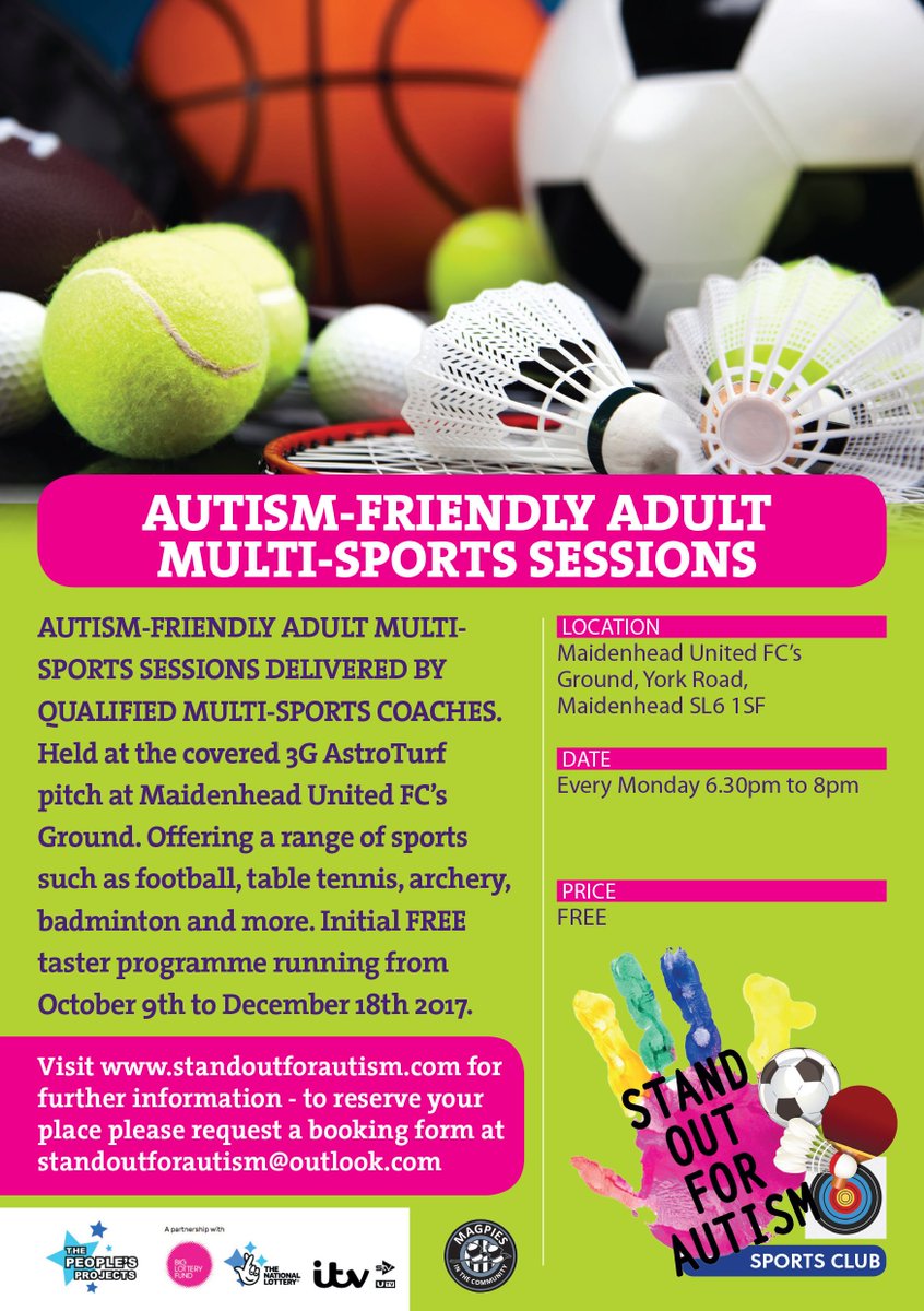 standout4autism's tweet photo. Want to have fun, get fit and meet other Adults with Autism?
Try out our #Autism-friendly Adult #Multisports sessions!
Monday 6.30pm - 8pm at #Maidenhead United FC's Ground. https://t.co/ZIU39KFGuF
#Football #Tabletennis #Archery #Badminton & more!
#standoutforautism https://t.co/gsDQUEOJMo