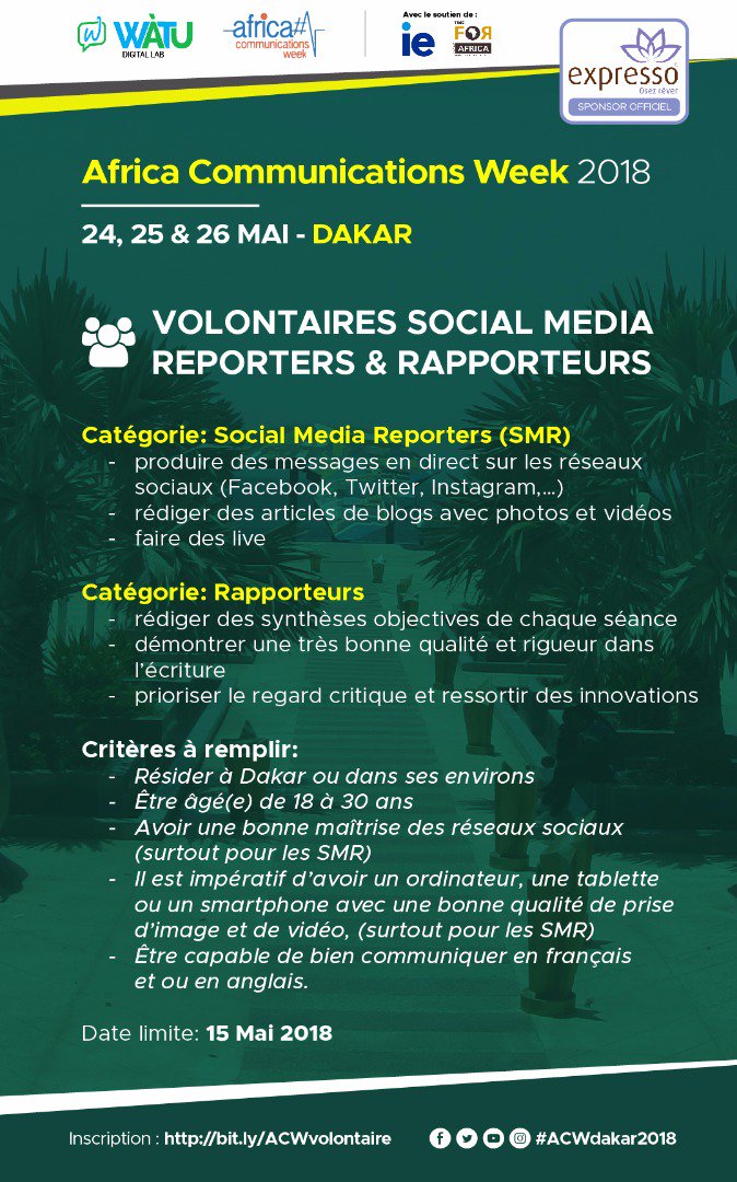 watulab's tweet photo. 🔴Saisissez cette #opportunité de formation à #Dakar!
#WatuLab en partenariat avec @timeforafrica forme 20 jeunes sur la maîtrise de l'utilisation #SocialMedia & le #Reporting de séance dans la recherche de l’innovation.
Postulez 📢https://t.co/8qpAgPKQtC #ACWdakar2018 | #Kebetu https://t.co/PpfCt8FiA7