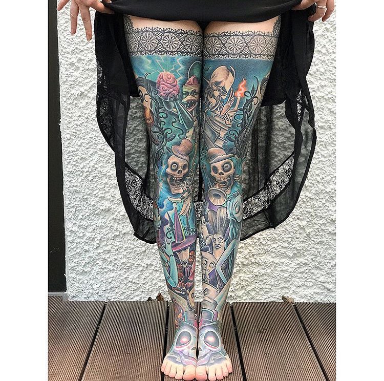 tattoodotcom's tweet photo. Corpse Bride/Nightmare Before Christmas legsleeves by #juliensiebert #corpsepainter - 2 yrs healed https://t.co/4t7o99aDhx