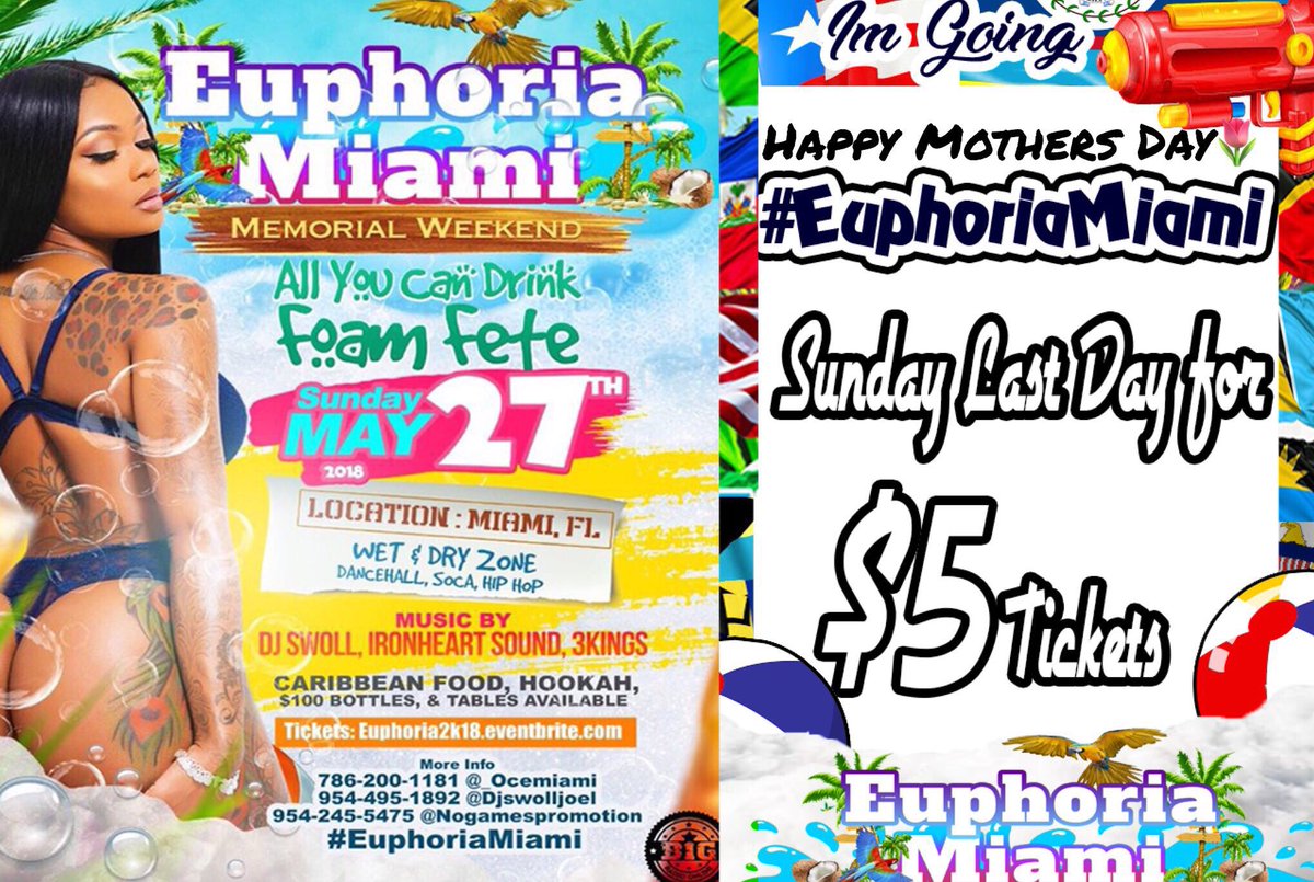 badmonls's tweet photo. #EuphoriaMiami 💦 Foam Fete 

🏖Returns May 27TH ‼️ 9pm😈

 Today Last day for 👸🏽-$5 🎟

🤴🏾-$10🍾

Memorial Day Weekend Miami 2018 🏖👓🌴
 🇭🇹🇱🇨🇹🇹🇧🇸🇧🇧🇦🇬🇯🇲🇬🇾 

All You Can Drink Rum Punch🥃

 Tickets 🎟 On Sale Now❗️

➡️ https://t.co/hBfRB6hpSL https://t.co/gAPeBWknqk