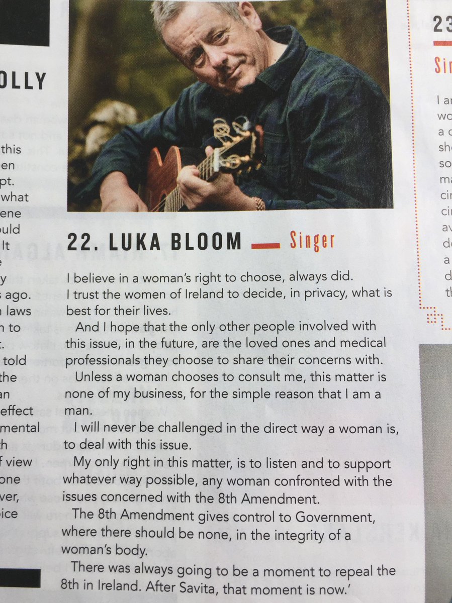 Eeebee1's tweet photo. @hotpress Repeal issue out now, with messages of support for #repealthe8th from 100 well-known Irish actors, writers, poets, musicians and singers, including these lovely contributions from @JohnSpillane09 and @BloomLuka #men4yes https://t.co/fQUX72Vced