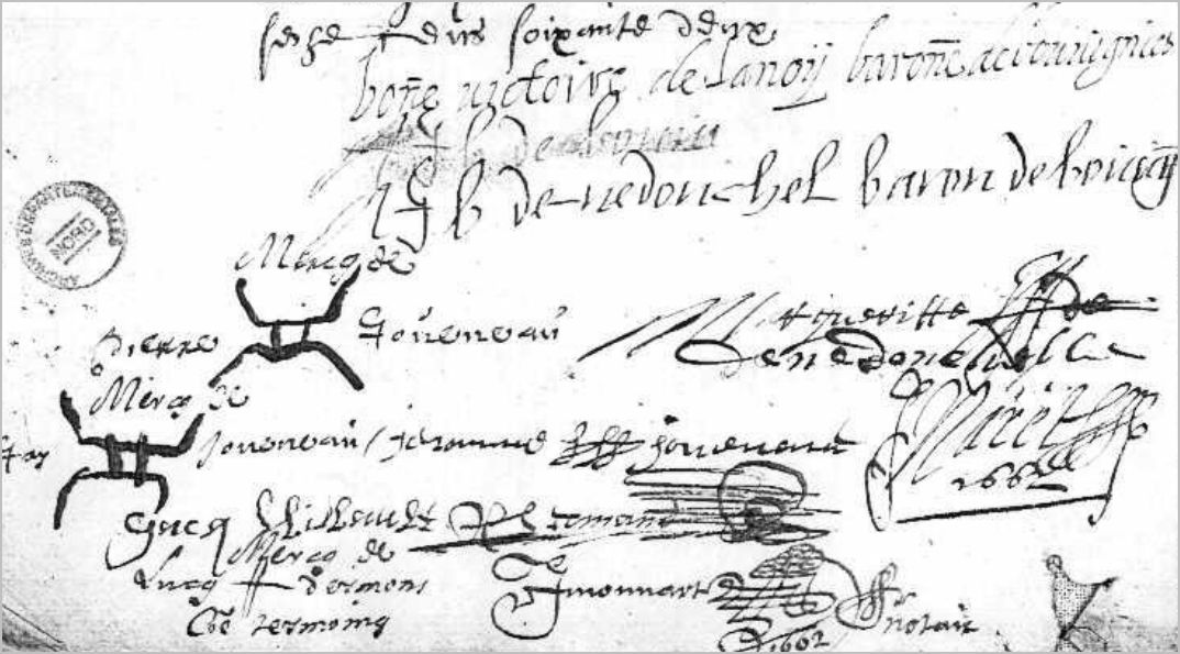 domi59genealo's tweet photo. @paddygenealo #BattleSignatures en bas d'un contrat de mariage en 1662 d'un côté 2 meuniers (le père Jean JOUVENEAU mon sosa 7076) avec un moulin comme marque, de l'autre la promise Marguerite DE NEDONCHEL qui sait signer, fille naturelle du baron de Bouvignies @Nord https://t.co/W4y6dvAILT