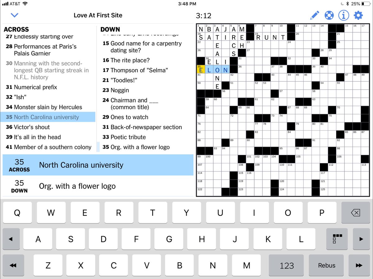 MiggidyMc's tweet photo. @elonuniversity in The NY Times crossword today! https://t.co/9QJ9JSfhEa