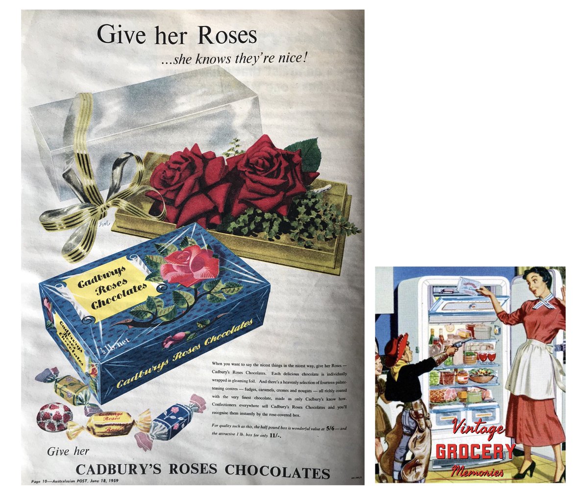 KatherineRichNZ's tweet photo. "Give her Roses, she knows they're nice"... Cadbury Roses Chocolates 1959 #FMCG #Australia #Vintageadvertising #AustralianPost @CadburyAU @MDLZ https://t.co/HNteqSOouW