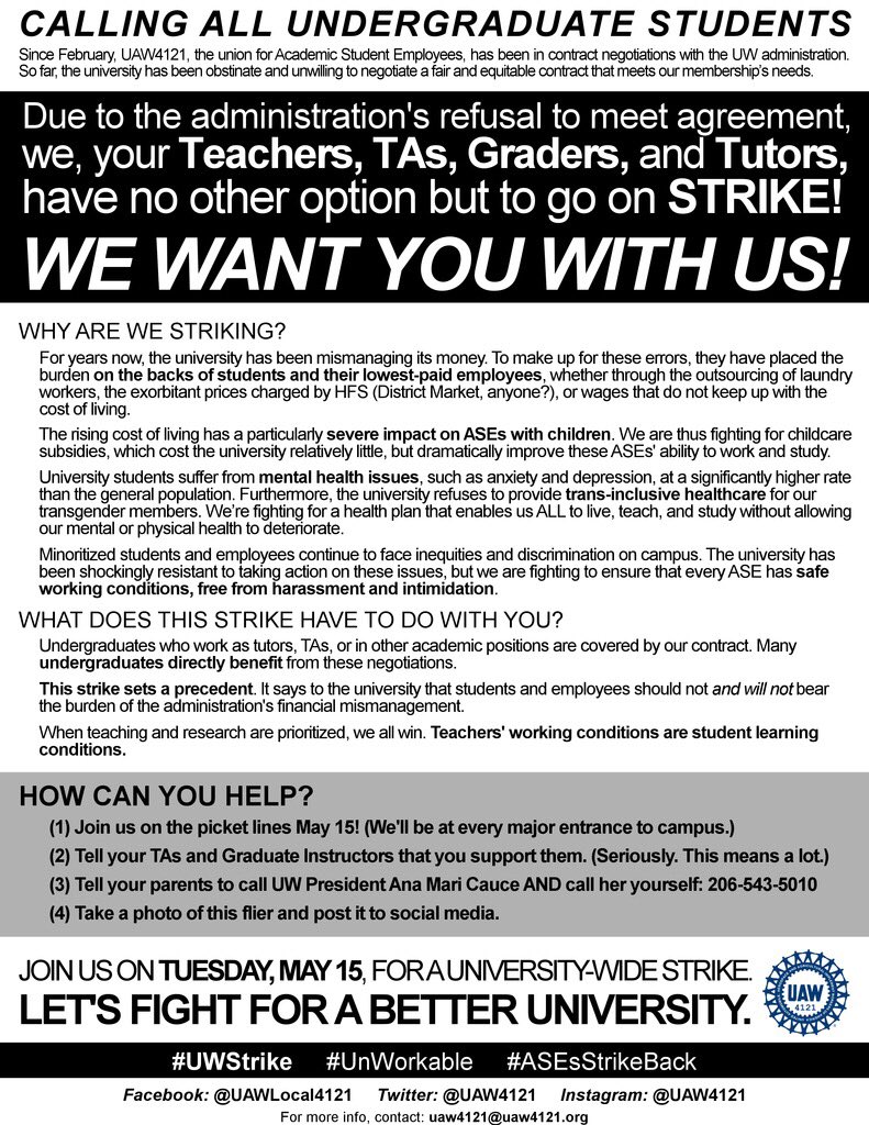 UAW4121's tweet photo. Stand with us when #ASEsStrikeBack on May 15th! @UW works because we do! #UWStrike https://t.co/6mNHcWwEKU