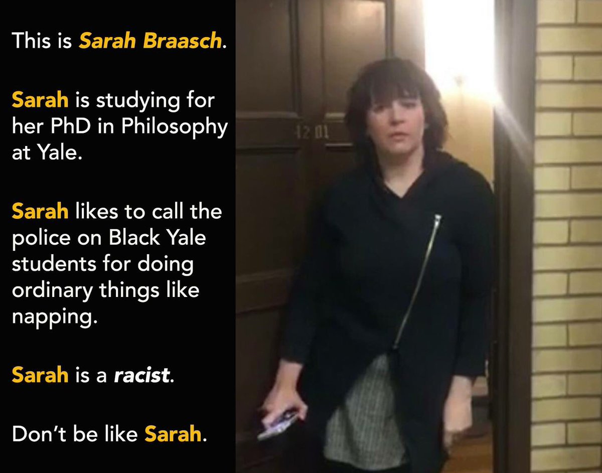 TMC1982's tweet photo. Retweeted Indivisible Network (@IndivisibleNet):
Don't be like Sarah.
Make #SarahBraasch go viral.
#racist #yale #NappingWhileBlack https://t.co/mvsRtr02U7 https://t.co/y4gARKgOtx