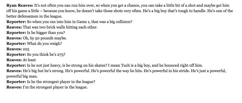 emilymkaplan's tweet photo. I enjoyed this exchange today between Ryan Reaves and reporters re: Dustin Byfuglien. https://t.co/q8JuWJ4d8R