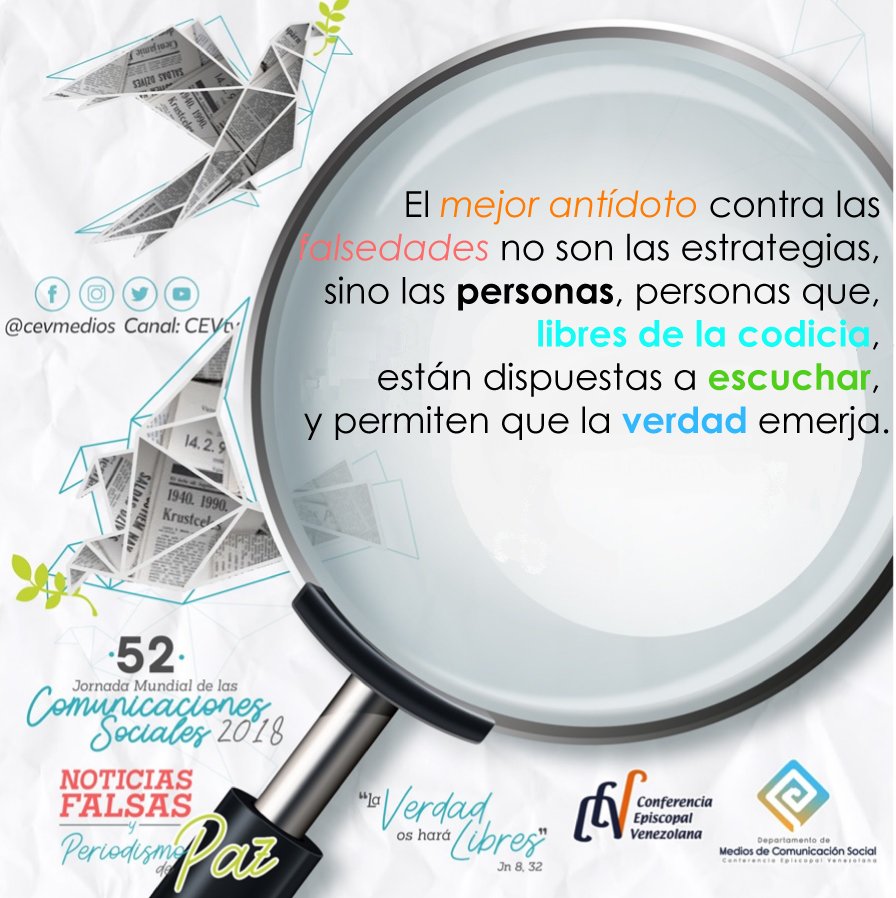 CEVmedios's tweet photo. #JMCS2018 Domingo 13 de mayo celebración de la Jornada Mundial de las Comunicaciones Sociales 2018. "Fake news" y "Periodismo de Paz". https://t.co/dIaAnEJ6is