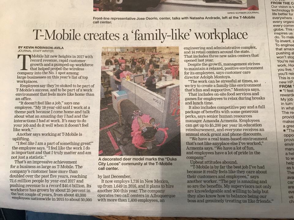 UKnow_Adolph's tweet photo. Breaking news!!!!!!! 
T-Mobile New Mexico is a 2018 Top Workplace!!!
So proud and honored to support this amazing team! 
(Jefferson the buck, made the front page too)
@CallieField @jgebing @mandsmind @rupaynattn2me @NicholOoo https://t.co/i8khlYVWVc