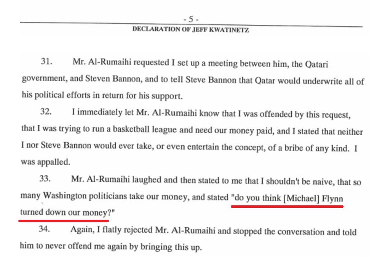 4/  @MichaelAvenatti further directs our attention to a claim made by Al-Rumaihi to a third party—attested to under oath by that third party—to the effect that Al-Rumaihi had previously *successfully* bribed Michael Flynn, Trump's top national security advisor during the campaign.