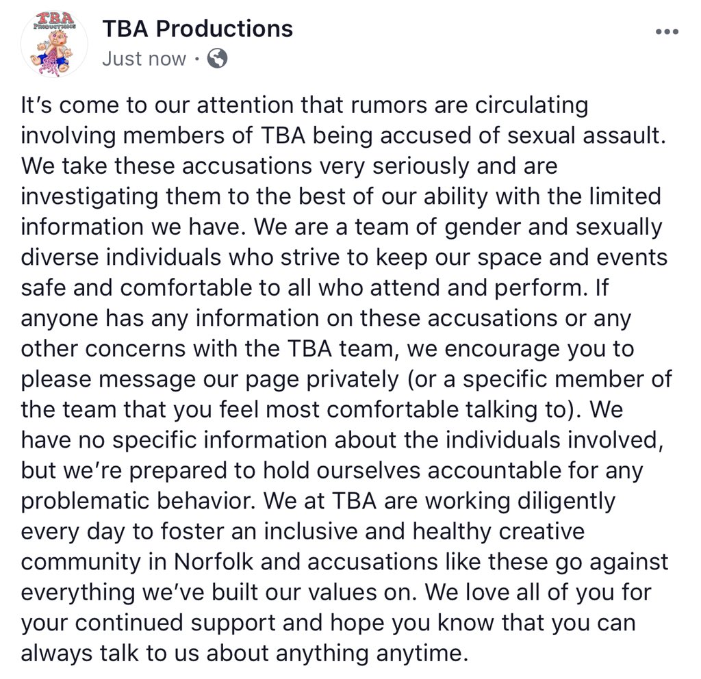 A statement regarding recent sexual assault allegations made against members of our team. Our door is always open if you feel the need to reach out. We love you.