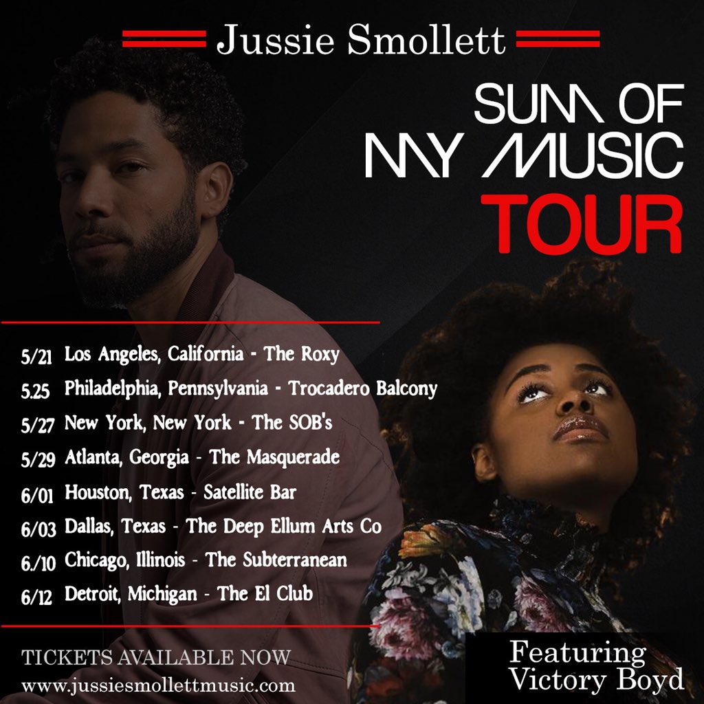 JussieSmollett's tweet photo. Going to sleep. Flight in 4 hours 2 NYC. In meantime y’all grab ur tix to our #SumOfMyMusicTour at https://t.co/JKIoVTdRyy co-starring my babies @junesdiary &amp; @victoryboyd starting May 17 in #Oakland and going across country. Tix are only $20.00. See y’all there. Pass it around🖤 https://t.co/GFGjbygvTg