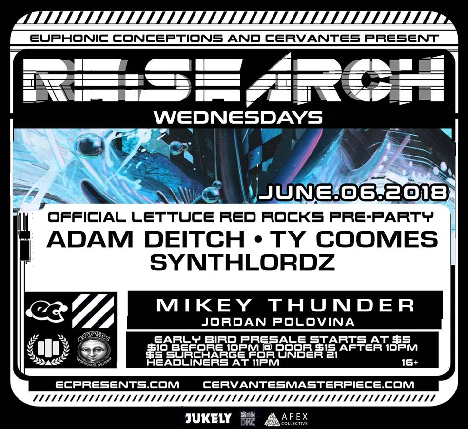 CervantesDenver's tweet photo. @ECpresents #ReSearchWednesdays - Official @lettucefunk #RedRocks Pre-Party ft @RealDeitchBeats, #TyCoomes & @synthlordz w/ @mikeythunder101 & #JordanPolovina on Wednesday, June 6th.
Tickets: https://t.co/5weN4nTNb3
Supported by #TheMileHighSoundMovement & @PartyGuruDenver https://t.co/PwzVy4FeCs