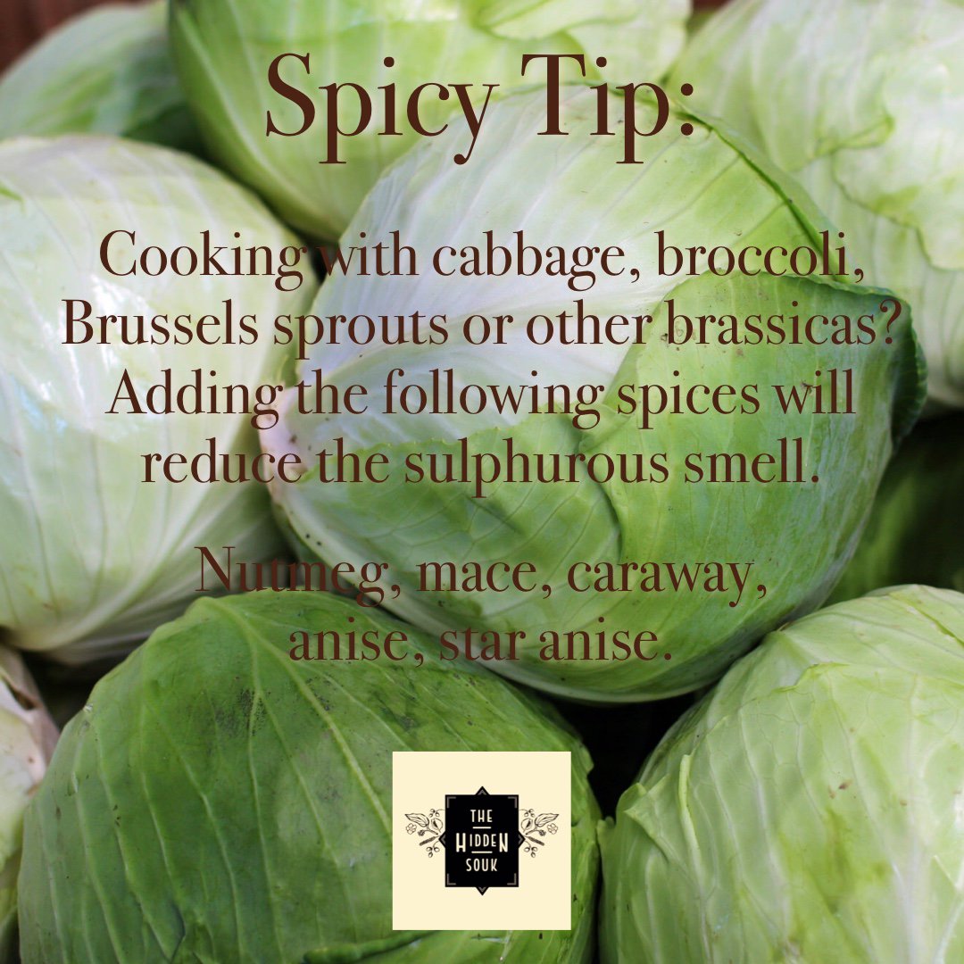 Thehiddensouk's tweet photo. The Spicer asks, “Do you ever wonder why cabbage &amp; caraway pair so well?” Compounds in the listed spices significantly reduce sulphuric odours found in brassicas. Use them &amp; your nose will thank-you! #thatspicer #spices #herbs #vegetables #cooking #foodhacks #vegan #organic https://t.co/BrCelvVU0T
