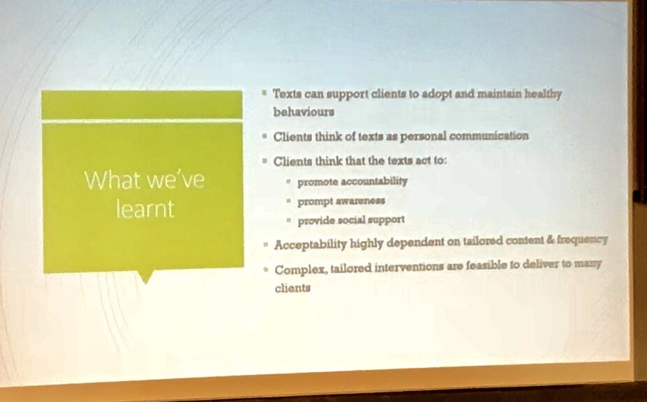 #BNEmhealth18 Bri Fjeldsoe: #textmessaging can achieve #behaviourchange in #HealthyLiving interventions (including long term change); tailoring is key