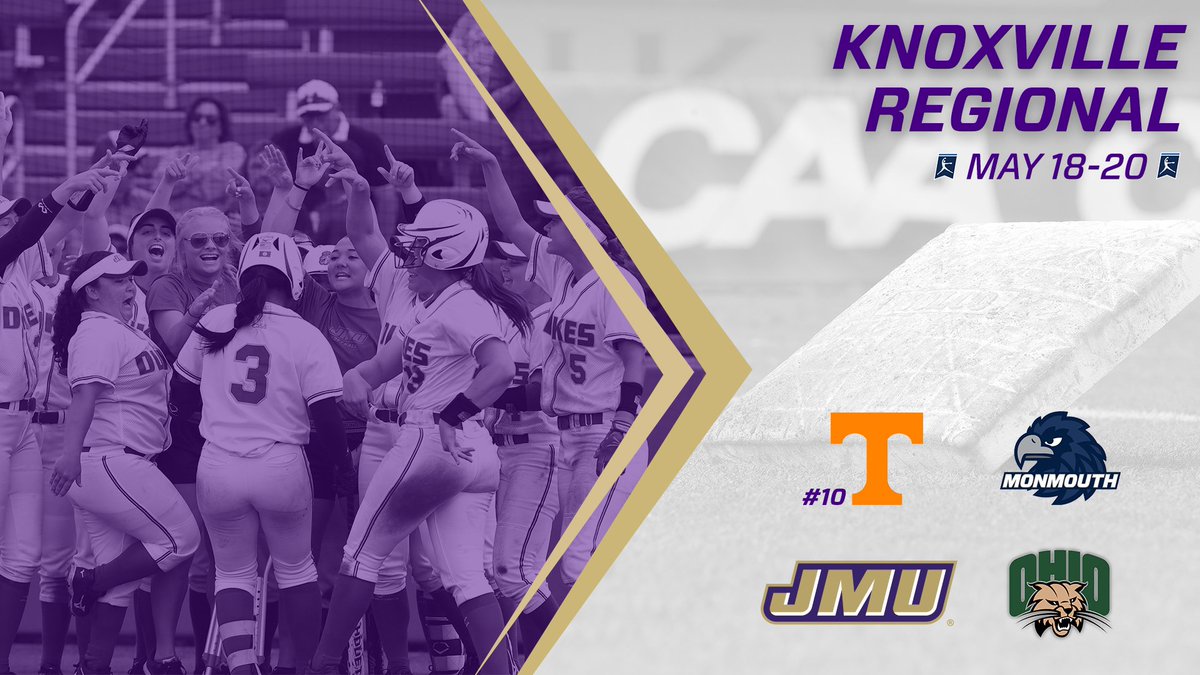 JMUSoftball's tweet photo. We are headed to Knoxville and will face Ohio on Friday, May 18 at 3pm! 

Host Tennessee will take on Monmouth at 5:30pm. 

This is the Dukes' third ever appearance in a Knoxville Regional. #GoDukes https://t.co/X9q2VSLHjW