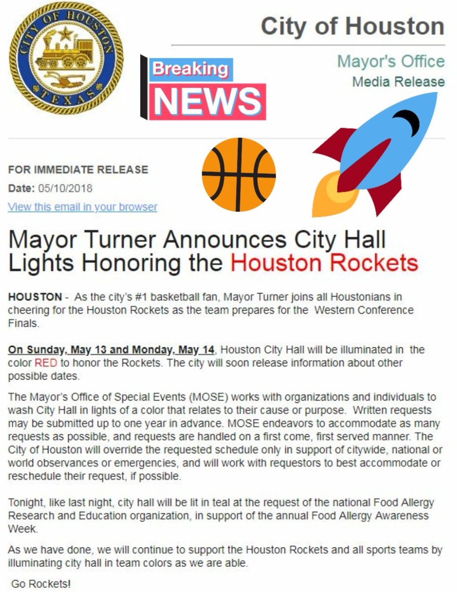 SylvesterTurner's tweet photo. REMINDER: Houston City Hall lights will be RED for the @HoustonRockets tonight and  Monday night. 🚀🏀
If you can, wear your #RocketsRed to work or school tomorrow to show your team spirit!
#RunAsOne https://t.co/rhw3C2JPKV