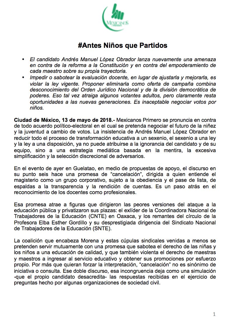 Mexicanos1o's tweet photo. –Comunicado de prensa –
La insistencia de @Lopezobrador_ en reducir el proceso de transformación educativa a un sexenio es una estrategia mediática basada en la mentira,  la excesiva simplificación y la selección discrecional de adversarios.
https://t.co/YSestgyBrk https://t.co/8tRM5SjYOB