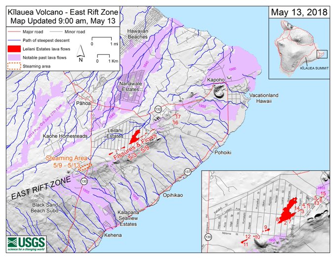 Map as of 9:00 a.m. HST, May 13, shows the location of fissure 17, which opened this morning at approximately 4:30 a.m. HST. NOTE: This new fissure was initially referred to as fissure 18 in early reports, but that is incorrect (what was called fissure 17 yesterday did not erupt lava, so this morning's erupting fissure is actually 17). Shaded purple areas indicate lava flows erupted in 1840, 1955, 1960, and 2014-2015