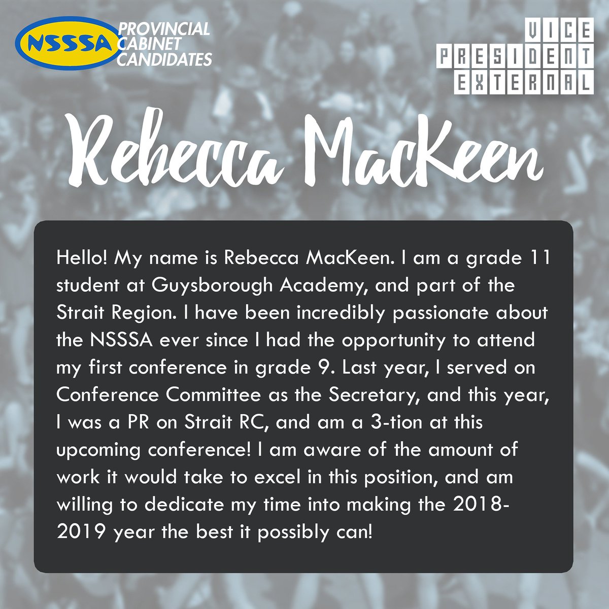 NSSSA's tweet photo. Rebecca MacKeen is running for Vice President External! https://t.co/hbDDdvQBlr