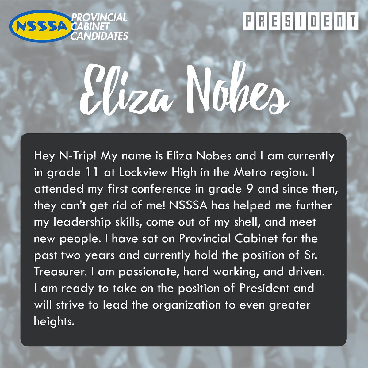 NSSSA's tweet photo. Eliza Nobes is running for President! https://t.co/14VL1lWKEA