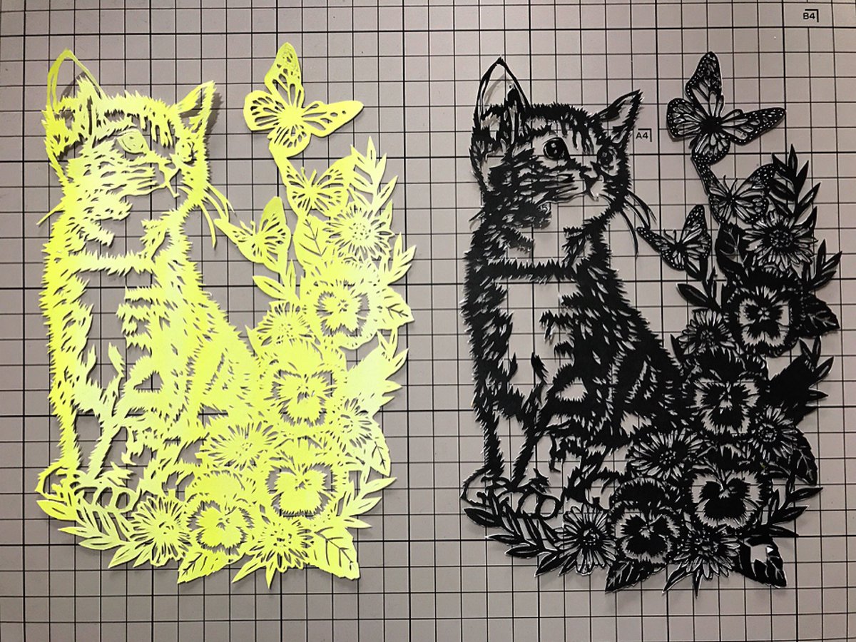 猫と花の切り絵