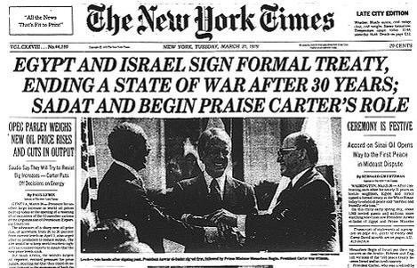 The Egypt–Israel Peace Treaty was signed in Washington, D.C. on 26 March 1979, following the 1978 Camp David Accords. The treaty was signed by Egyptian president Anwar Sadat and Israeli prime minister Menachem Begin, and witnessed by US president Jimmy Carter. #DemHistory  #ForAll