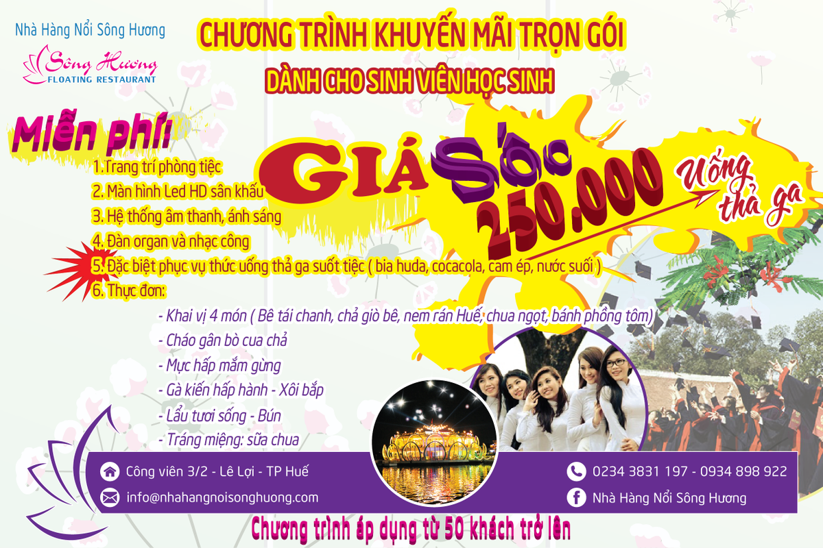 SongHuong2020's tweet photo. Song Huong Floating Restaurant 
Add: 3/2 Park - Le Loi Street - Hue City - VietNam 
Tell: 0234.3831.197 - 0934.898.922
Email: info@nhahangnoisonghuong.com
Website: https://t.co/DE7Ftr8LS0 
Facebook: Song Huong Floating Restaurant https://t.co/Aqq15kEozF