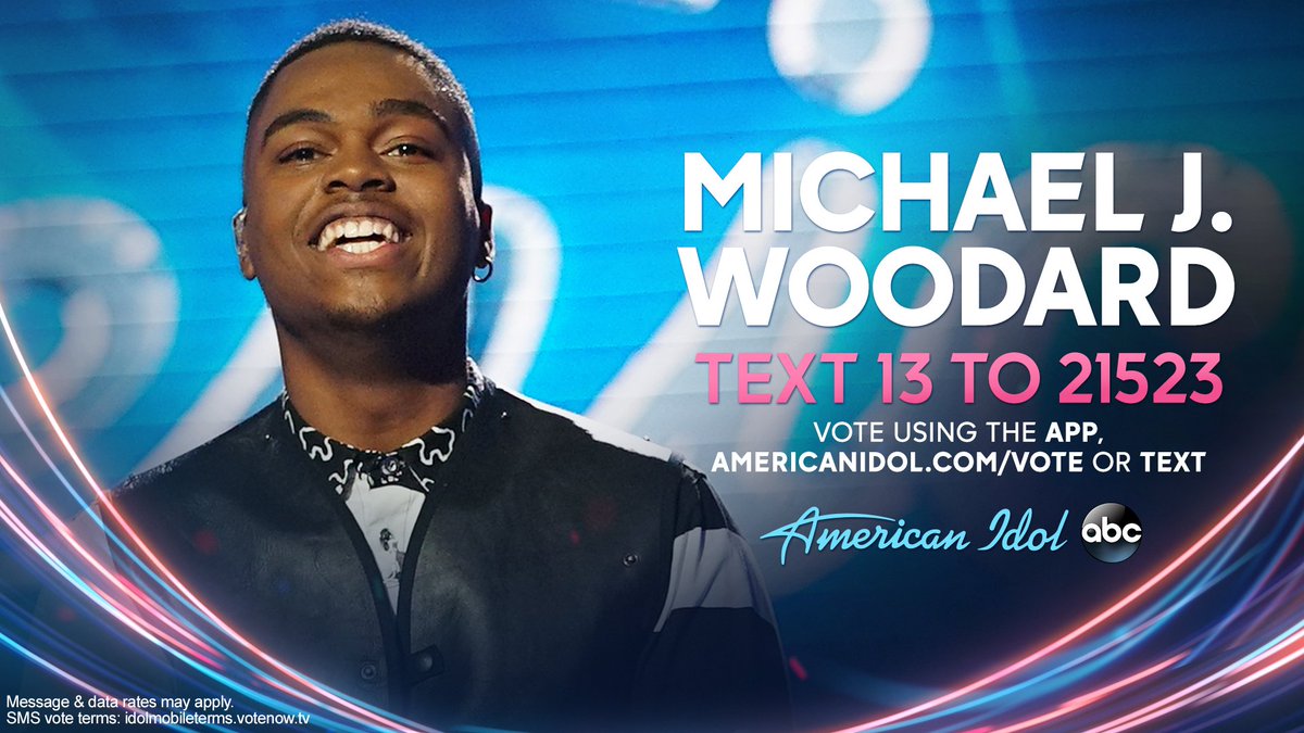 AmericanIdol's tweet image. To vote for @MichaelJWoodard, download the American Idol app, go to americanidol.com/vote, or text using the info below! 👇 #AmericanIdol #IdolTop5