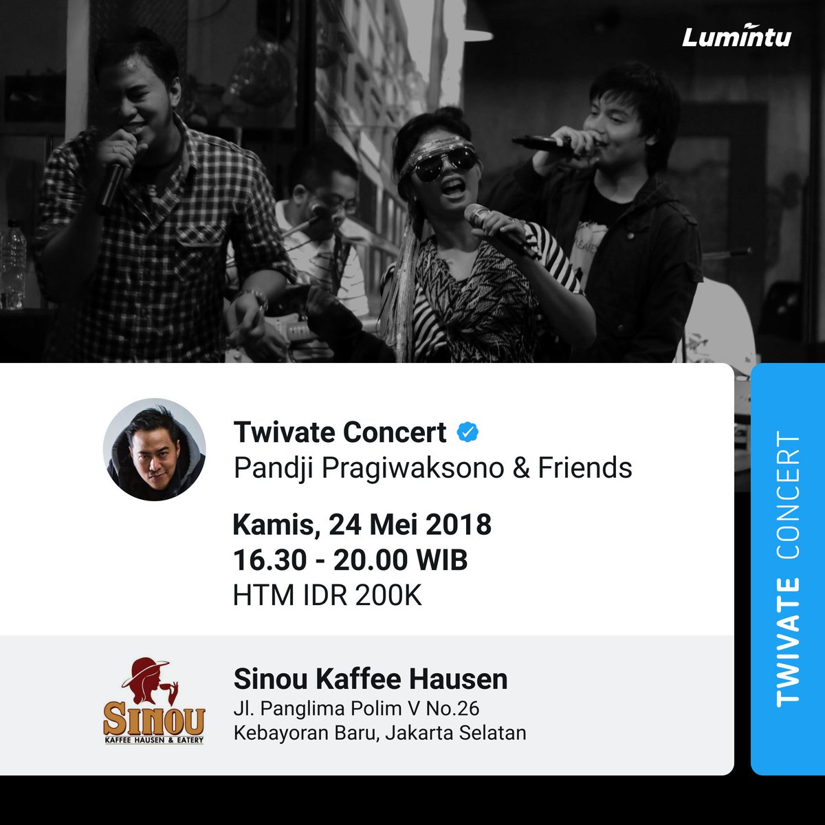 Line up #TwivateConcert 2018:
<a href="/StenyAgustaf/">Steny Agustaf</a> 
<a href="/RayenPono/">Rayen Pono</a> 
<a href="/IchsanAkbar/">Ichsan Akbar</a> 
<a href="/RyanValentinus/">Rian Fedrian</a> 
Dan akan dibuka dgn penampilan dari <a href="/gamilaarief/">Mila Milo</a> 
Oh iya akan ada 1 penampilan lagi tp mimin lupa nama nya.